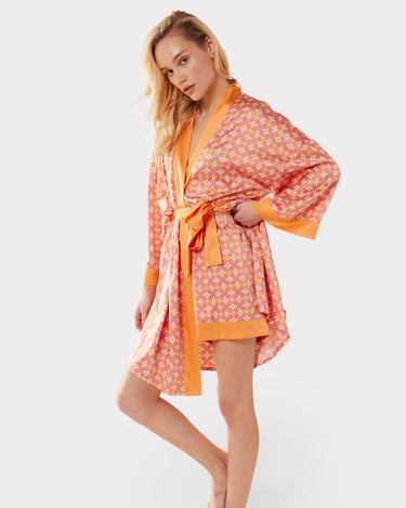 Satin Orange & Pink Retro Tile Print Kimono and Shorts Short Pyjama Set